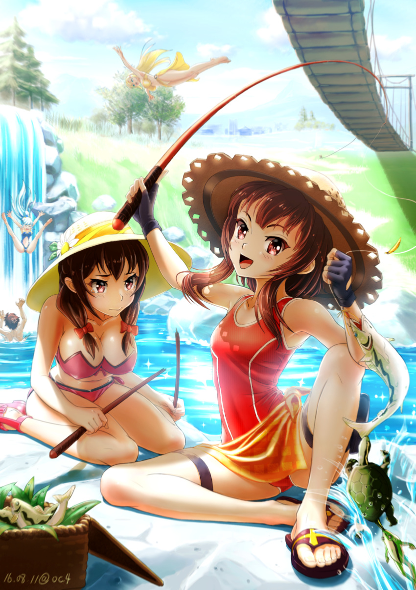 4girls absurdres alternate_costume anger_vein aqua_(konosuba) ass_visible_through_thighs basket bikini black_gloves blush breasts bridge broken brown_hair cleavage cloud commentary_request darkness_(konosuba) dated day fingerless_gloves fish fishing flower frog front-tie_bikini front-tie_top gloves hanging_bridge hat hat_flower highres holster kono_subarashii_sekai_ni_shukufuku_wo! large_breasts leaning_forward long_hair megumin mountain multiple_girls navel one-piece_swimsuit oshiyon partial_commentary ponytail red_eyes red_swimsuit revision sandals sarong satou_kazuma side-tie_bikini sitting small_breasts swimsuit tears thigh_holster tree turtle very_long_hair wariza water waterfall yunyun_(konosuba)