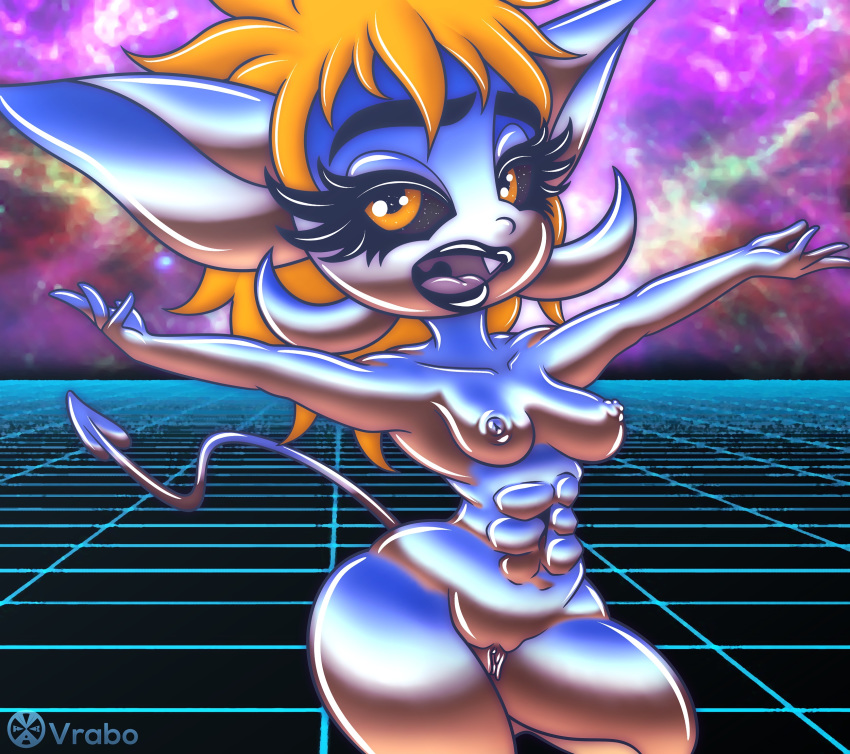 2018 abs amber_eyes breasts chrome fangs female humanoid imp iqua_kicks muscular not_furry short_stack solo standing vaporwave vrabo