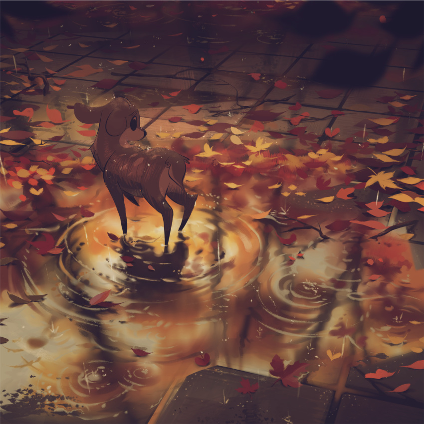 autumn_leaves branch danfango deer highres looking_away no_humans original outdoors puddle rain ripples scenery