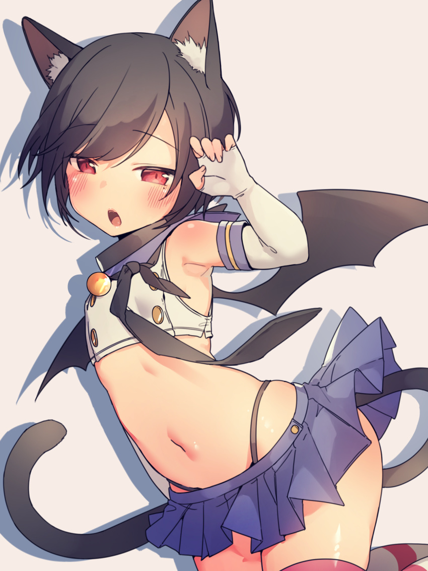 animal_ear_fluff animal_ears arm_up armpits bad_revision bare_shoulders bat_wings black_neckwear black_panties black_wings blue_sailor_collar blue_skirt blush brown_background brown_hair cat_ears cat_girl cat_tail cosplay crop_top downscaled_revision elbow_gloves fingerless_gloves fingernails gloves half-closed_eyes highleg highleg_panties highres kantai_collection looking_at_viewer md5_mismatch microskirt midriff mole mole_under_eye navel open_mouth original panties pleated_skirt red_eyes sailor_collar school_uniform serafuku shadow shimakaze_(kantai_collection) shimakaze_(kantai_collection)_(cosplay) shirt skirt sleeveless sleeveless_shirt solo striped striped_legwear tail thighhighs tsuka underwear white_gloves white_shirt wings