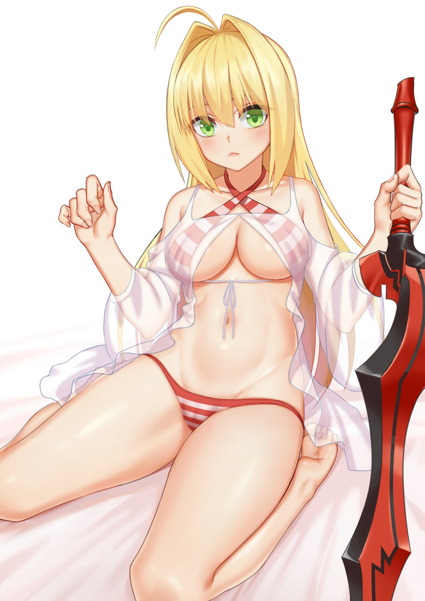 :&lt; aestus_estus ahoge bangs bare_legs bare_shoulders barefoot bed_sheet bikini blush breasts cleavage closed_eyes closed_mouth collarbone commentary_request criss-cross_halter fate/grand_order fate_(series) fingernails groin hair_between_eyes hair_down hair_intakes halterneck highres holding holding_sword holding_weapon leaning_back lipstick long_fingernails long_hair makeup medium_breasts navel nero_claudius_(fate)_(all) nero_claudius_(swimsuit_caster)_(fate) pink_lips red_bikini see-through shoutai_(7490773) simple_background sitting solo stomach straight_hair striped striped_bikini swimsuit sword very_long_hair weapon white_background