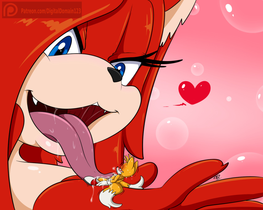 &lt;3 aged_down aged_up angelthecatgirl anthro better_version_at_source blush canine cat conditional_dnp digitaldomain123 feline female fox licking macro male mammal micro miles mouth_shot open_mouth tails_(disambiguation) tongue tongue_out video_games vore