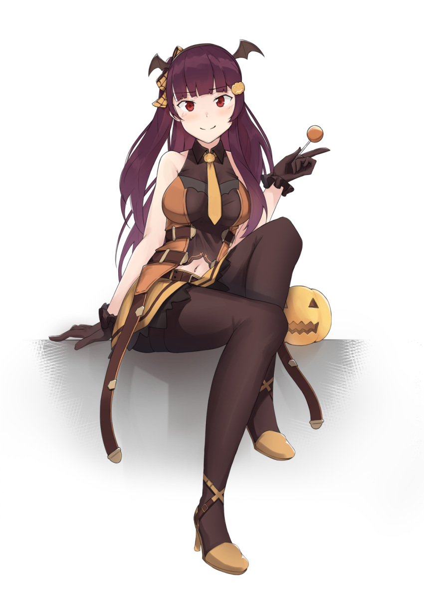 arm_at_side bangs bare_shoulders belt belt_buckle black_legwear blunt_bangs blush breasts buckle candy commentary eyebrows_visible_through_hair fake_wings food food_themed_hair_ornament frilled_gloves frills full_body girls_frontline gloves hair_ornament halloween head_wings high_heels highres holding index_finger_raised knee_up kusubii large_breasts lollipop long_hair looking_at_viewer navel necktie one_side_up open_clothes pantyhose pumpkin pumpkin_hair_ornament purple_hair red_eyes simple_background skirt solo straight_hair thighband_pantyhose very_long_hair wa2000_(girls_frontline) white_background wing_collar wings yellow_footwear yellow_neckwear yellow_skirt