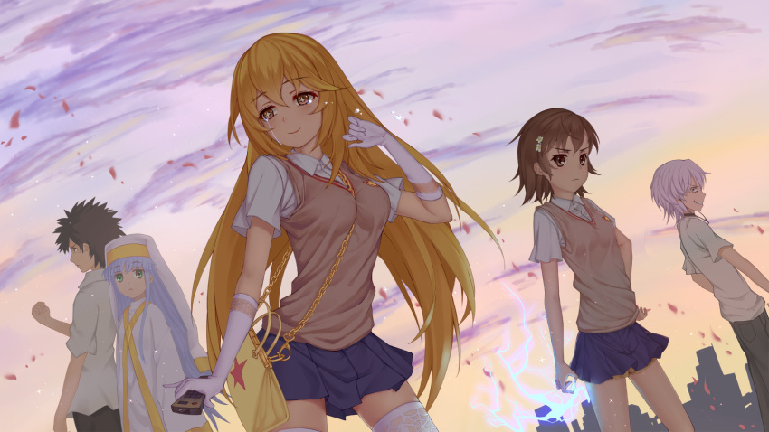 2boys 3girls accelerator bag biribiri black_hair blonde_hair blue_hair blue_skirt brown_eyes brown_hair brown_shorts brown_vest carrying cityscape clenched_hand closed_mouth cloud cloudy_sky collared_shirt commentary controller dress dutch_angle elbow_gloves electricity emblem evil_grin evil_smile eyebrows_visible_through_hair flower frown gloves green_eyes grin habit hair_flower hair_ornament hairband hand_on_hip handbag highres holding index kamijou_touma leaf light_particles long_dress long_hair long_sleeves looking_at_viewer miniskirt misaka_mikoto multiple_boys multiple_girls nun omae_yoken outdoors pleated_skirt pose remote_control school_uniform shirt shokuhou_misaki short_hair short_shorts short_sleeves shorts shorts_under_skirt skirt sky smile standing tears thighhighs to_aru_majutsu_no_index tokiwadai_school_uniform trait_connection twilight v-neck vest white_dress white_gloves white_hairband white_legwear white_shirt wide_sleeves wind yellow_eyes