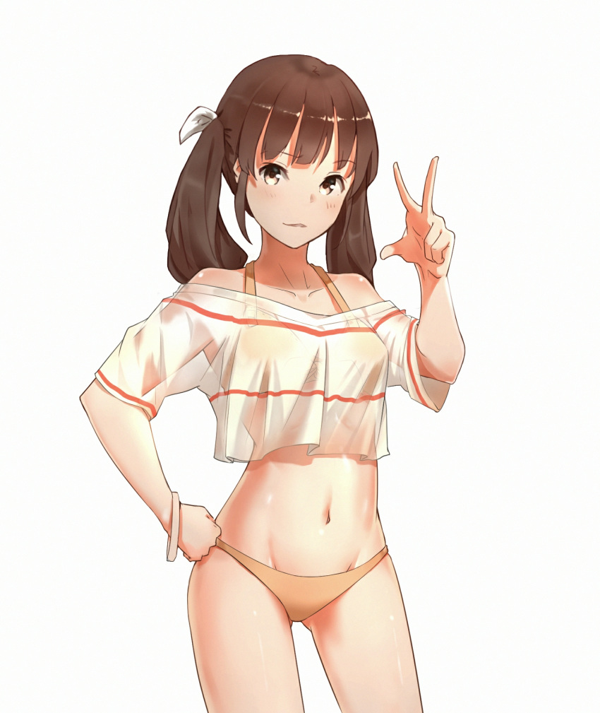 ass_visible_through_thighs bangs bare_shoulders bikini bracelet brown_eyes brown_hair contrapposto cowboy_shot deatheach front-tie_bikini front-tie_top hand_on_hip highres jewelry long_hair looking_at_viewer navel original see-through shiny shiny_skin shirt simple_background solo swimsuit twintails w white_background yellow_bikini