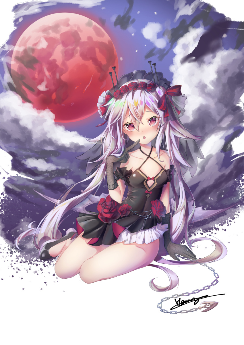 absurdres arm_support azur_lane bangs bare_shoulders black_dress black_footwear blush bow breasts chain cloud cloudy_sky collarbone commentary_request criss-cross_halter dress elbow_gloves eyebrows_visible_through_hair flower full_moon fuusen_tsuchi gloves grey_gloves hair_between_eyes hair_bow hair_flower hair_ornament halterneck head_tilt high_heels highres lace lace_gloves long_hair moon parted_lips pleated_dress red_bow red_eyes red_flower red_moon red_rose rose shoes signature silver_hair sky small_breasts solo vampire_(azur_lane) very_long_hair