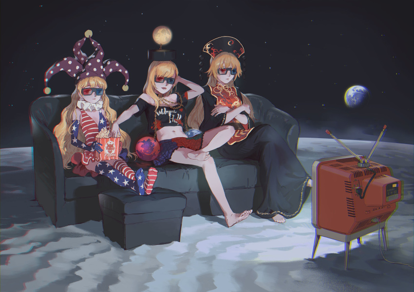3girls adapted_costume alternate_legwear american_flag_dress american_flag_gloves american_flag_legwear bare_shoulders barefoot black_dress black_hat black_shirt blonde_hair chain chromatic_aberration closed_mouth clothes_writing clownpiece collar commentary couch crossed_arms crossed_legs dress earth earth_(ornament) elbow_gloves english_commentary expressionless food gloves hat hecatia_lapislazuli highres jester_cap junko_(touhou) lips long_hair long_sleeves midriff miniskirt momijigari moon moon_(ornament) multicolored multicolored_clothes multicolored_skirt multiple_girls navel neck_ruff no_shoes off-shoulder_shirt ottoman polka_dot polos_crown popcorn purple_hat red_eyes ribbon shirt short_dress short_sleeves sitting skirt sleeveless sleeveless_dress space star star_(sky) star_print striped t-shirt tabard television thighhighs touhou wavy_hair wide_sleeves yellow_ribbon