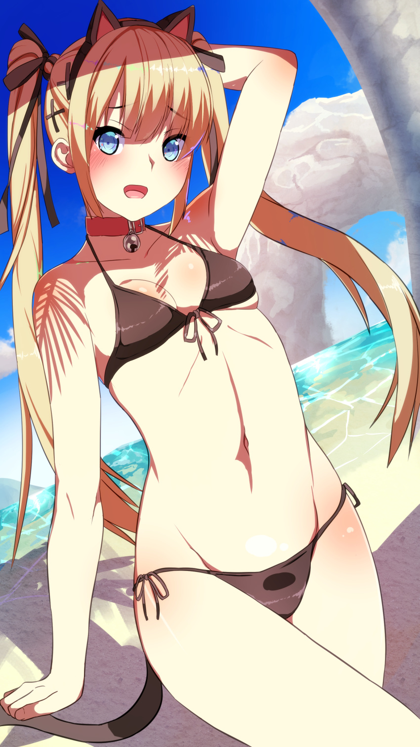 absurdres animal_ears arm_behind_head arm_up bangs bare_arms bare_shoulders beach bell bikini black_bikini blonde_hair blue_eyes blue_sky blush breasts cat_ears cat_tail choker cloud commentary_request day dead_or_alive dead_or_alive_5 dead_or_alive_xtreme eyebrows_visible_through_hair fake_animal_ears fake_tail front-tie_bikini front-tie_top hair_ornament hairclip highres long_hair looking_at_viewer marie_rose navel nishisan_(mikurosu) open_mouth outdoors sand shore side-tie_bikini sky small_breasts solo standing stomach swimsuit tail twintails