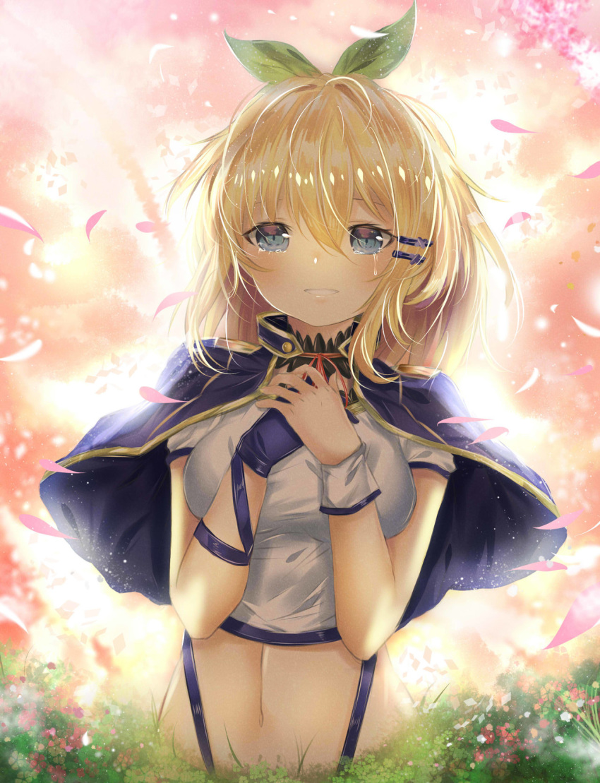 alzano_school_uniform blonde_hair blue_capelet blue_eyes bow capelet cherry_blossoms choker crop_top fhilippedu floating_hair green_bow grin hair_between_eyes hair_bow hair_ornament highres long_hair looking_at_viewer midriff neck_ribbon red_ribbon ribbon rokudenashi_majutsu_koushi_to_akashic_record rumia_tingel school_uniform shiny shiny_hair smile solo stomach suspenders tears upper_body