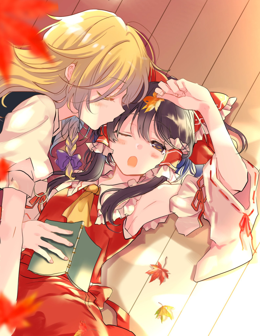 ;o armpits ascot autumn_leaves blonde_hair blouse blush book bow braid brown_eyes brown_hair closed_eyes commentary detached_sleeves forehead_kiss hair_bow hair_tubes hakurei_reimu highres kirisame_marisa kiss large_bow long_hair multiple_girls one_eye_closed poprication ribbon-trimmed_sleeves ribbon_trim short_sleeves single_braid skirt skirt_set sleepy tears touhou wide_sleeves yuri