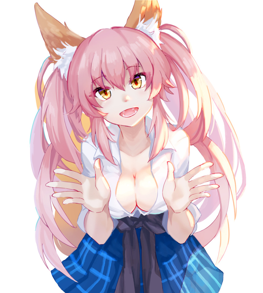 alternate_costume animal_ears blush breasts cleavage clothes_around_waist collarbone fate/extella fate/extra fate_(series) fox_ears fox_tail highres jacket_around_waist large_breasts long_hair looking_at_viewer open_mouth pink_hair saubupo school_uniform shirt simple_background skirt smile solo tail tamamo_(fate)_(all) tamamo_jk_(fate) twintails unbuttoned uniform white_background yellow_eyes