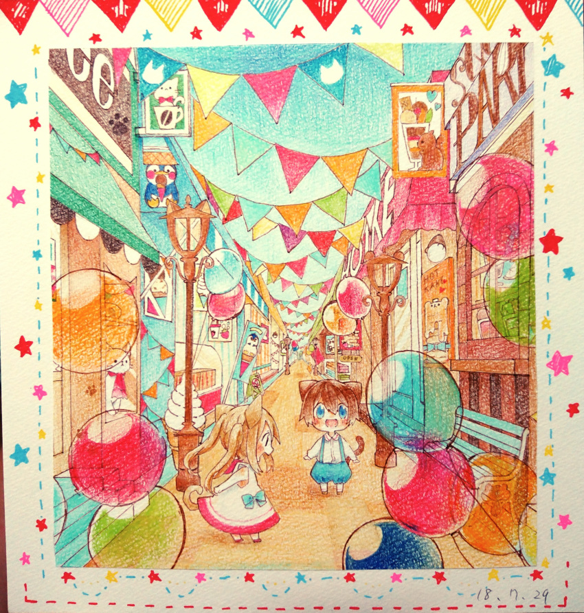 1girl absurdres alley animal_ears balloon bird blonde_hair blue_eyes blush border bow brown_hair cat cat_ears cat_tail child city colored_pencil_(medium) colorful dress happy highres lamppost looking_back open_mouth original penguin photo shop shopping_district short_hair sidelocks sleeveless sleeveless_dress smile storefront streamers suspenders syun tail texture traditional_media twintails vanishing_point