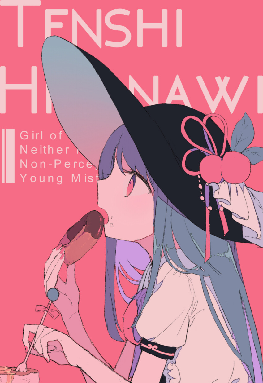 background_text black_hat blue_hair busujima_(kusahana) character_name commentary_request doughnut eating english flat_color food food_on_face from_side fruit hat hat_ornament highres hinanawi_tenshi leaf long_hair muted_color nail_polish open_mouth pink_background pink_eyes pink_nails profile shirt short_sleeves solo straight_hair touhou upper_body white_shirt