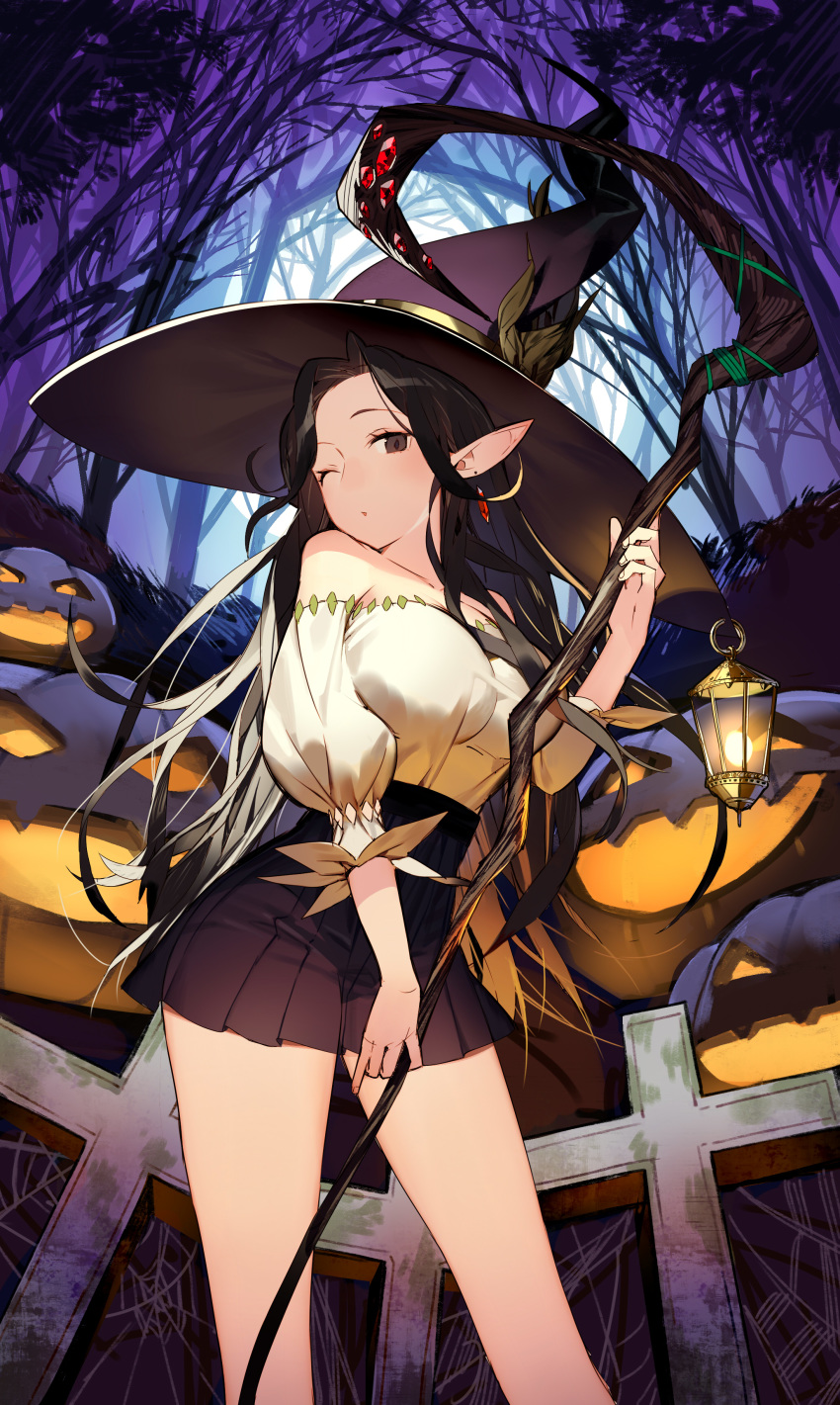 absurdres bare_shoulders bare_tree black_skirt breasts brown_eyes brown_hair brown_hat collarbone commentary cross earrings fingernails forehead forest halloween hand_up hat highres holding holding_staff jack-o'-lantern jewelry lantern long_hair long_sleeves looking_at_viewer medium_breasts misoni_comi nature one_eye_closed original outdoors parted_lips pleated_skirt pointy_ears puffy_long_sleeves puffy_sleeves shirt silk skirt solo spider_web staff standing symbol_commentary tombstone tree very_long_hair white_shirt witch_hat