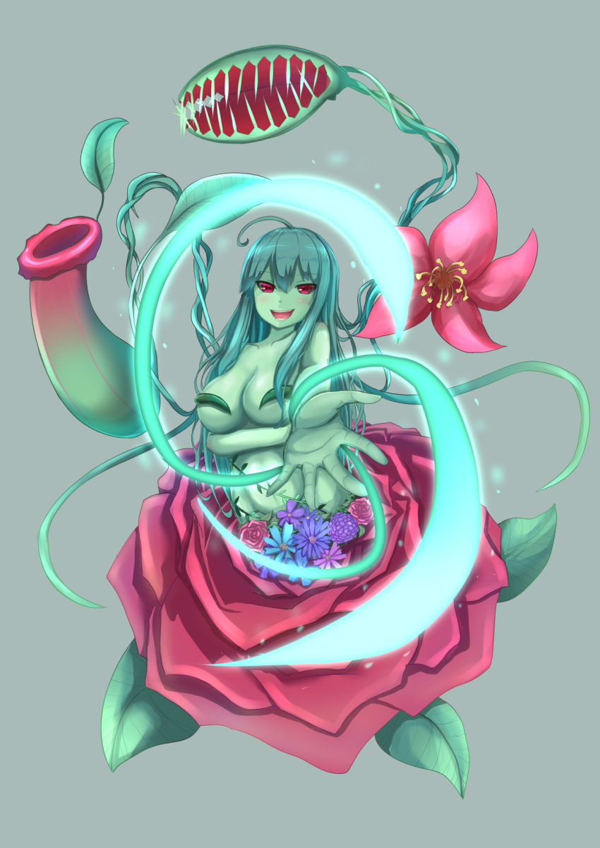 1girl alraune breasts female flower green_skin grey_background monster_girl munio open_mouth original outstretched_hand plant_girl red_eyes simple_background solo