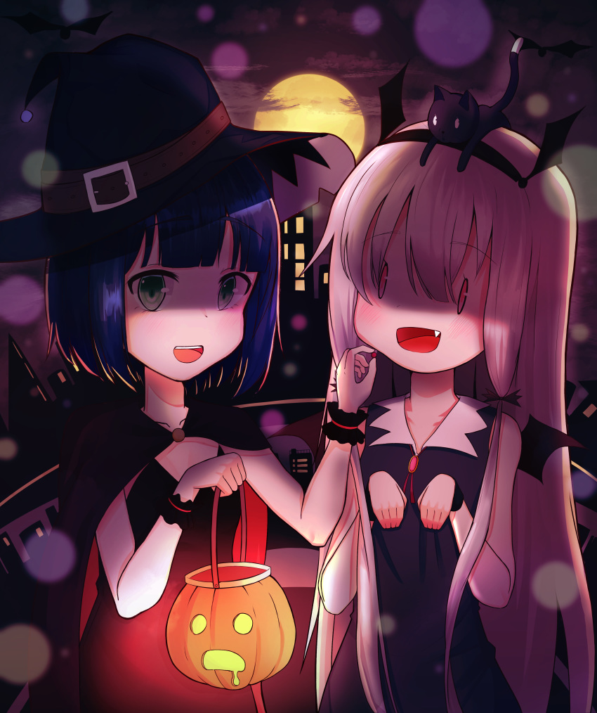 2girls :d absurdres amano_akari animal animal_on_head bare_shoulders belt belt_buckle black_cape black_cat black_dress black_hairband black_hat blue_hair blush brown_belt buckle cape cat cat_on_head collarbone commentary_request dress fang full_moon glowing green_eyes hairband halloween_basket hands_up hat hat_belt highres holding long_hair looking_at_viewer moon multicolored multicolored_cape multicolored_clothes multiple_girls night night_sky on_head open_mouth outdoors red_cape red_eyes silver_hair sky sleeveless sleeveless_dress smile sophie_twilight teshu tonari_no_kyuuketsuki-san upper_teeth very_long_hair witch_hat wrist_cuffs wristband