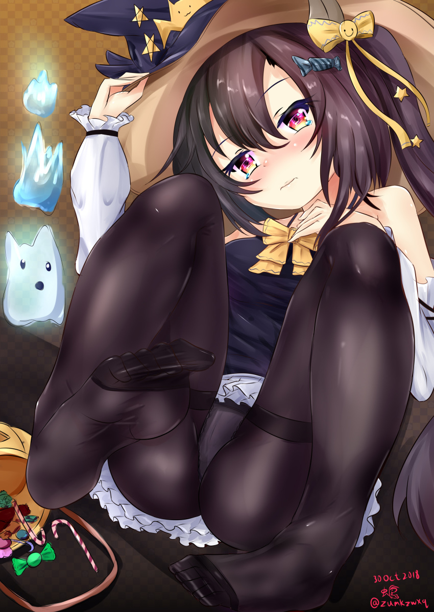 absurdres azur_lane black_hair black_legwear commentary_request dated feet ghost hat highres isuzu_(azur_lane) legs long_hair looking_at_viewer mr_lobster no_shoes panties panties_under_pantyhose pantyhose purple_eyes ribbon side_ponytail signature soles tears twitter_username underwear wavy_mouth witch_hat