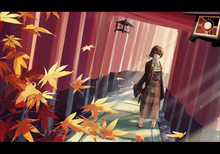 autumn_leaves bangs black_footwear brown_hair brown_skirt closed_mouth commentary_request day doran_(dorannomai) dutch_angle hair_between_eyes haoi high-waist_skirt highres idolmaster idolmaster_shiny_colors japanese_clothes kimono lantern leaf leaf_print long_sleeves looking_at_viewer maple_leaf morino_rinze multiple_torii no_socks outdoors red_eyes short_hair short_kimono skirt solo standing torii white_kimono zouri