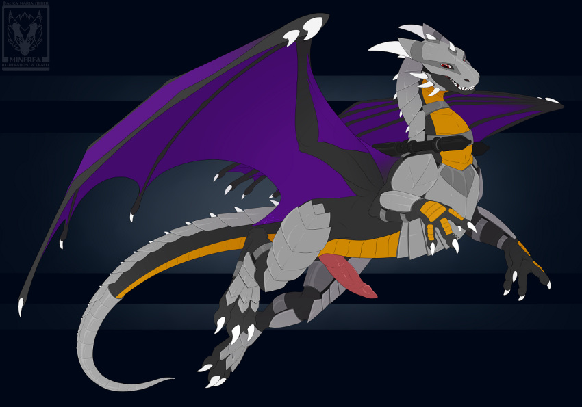2018 4_toes anrhok armor black_background black_skin claws curved_horn digital_media_(artwork) dragon erection feral flying full-length_portrait glans grey_scales hi_res horn knot looking_down male membranous_wings minerea orange_scales panzerfaust pattern_background penis pinkdragonlove plate_armor portrait purple_skin quadruped ranged_weapon red_eyes red_penis rocket_launcher scales scalie sharp_claws sharp_teeth side_view simple_background smile smooth_horn solo spikes spread_wings striped_background tapering_penis teeth toe_claws toes watermark weapon western_dragon white_claws white_horn wings