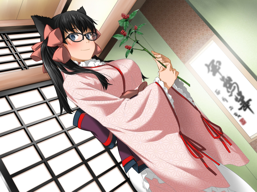 1girl animal_ears black-framed_eyewear black_hair blue_eyes blush breasts closed_mouth clownculture cosplay from_below glasses hair_ribbon highres holding indoors japanese_clothes kimono large_breasts long_hair looking_at_viewer obi original otome_youkai_zakuro plant ribbon sash smile solo standing twintails wide_sleeves zakuro_(otome_youkai_zakuro)