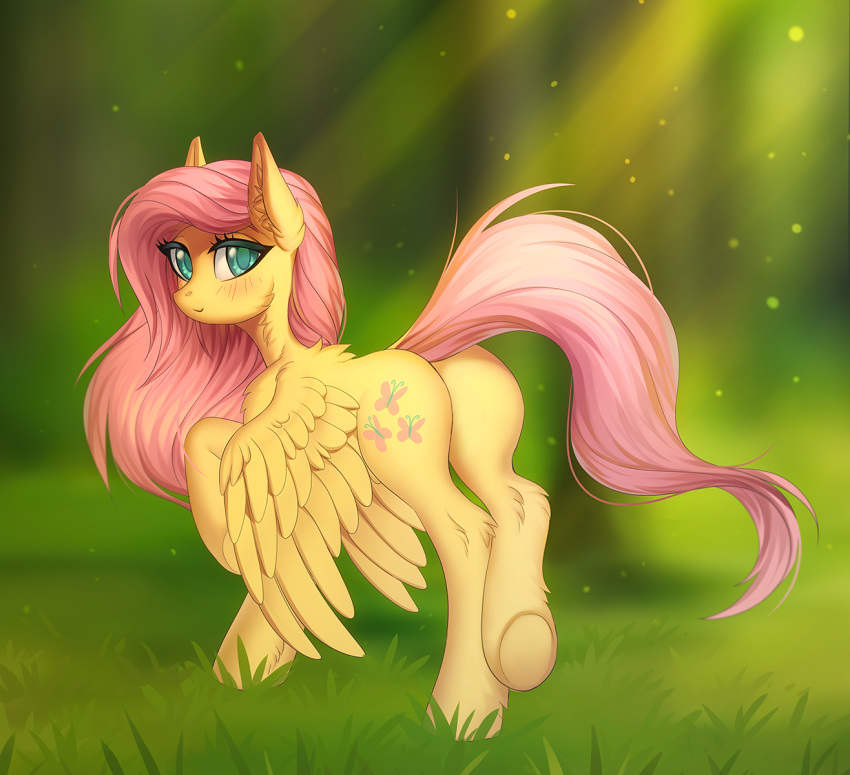 2018 butt cutie_mark digital_media_(artwork) equine feathered_wings feathers feral fluttershy_(mlp) friendship_is_magic hooves looking_at_viewer mammal margony my_little_pony outside pegasus solo wings