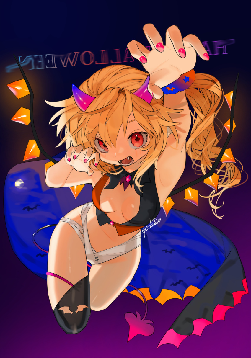alternate_costume arm_up armpits artist_name bandages bangs bare_arms bare_shoulders black_border black_legwear black_vest blue_background border breasts claw_pose fake_horns fangs flandre_scarlet gotoh510 gradient gradient_background hair_between_eyes halloween hand_up highres horns long_hair looking_at_viewer medium_breasts multicolored multicolored_clothes nail_polish navel one_side_up pink_nails pointy_ears purple_background red_eyes red_vest signature single_thighhigh solo stomach thighhighs thighs touhou vest wings