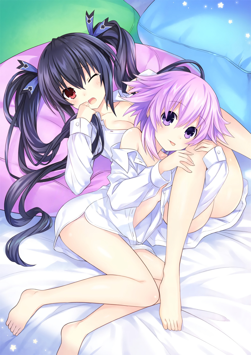 :p absurdres ass bed black_hair hair_ornament hair_ribbon highres long_hair looking_at_viewer lying multiple_girls naked_shirt neptune_(choujigen_game_neptune) neptune_(series) noire official_art on_back one_eye_closed pillow purple_eyes purple_hair red_eyes ribbon shirt short_hair tongue tongue_out tsunako twintails very_long_hair
