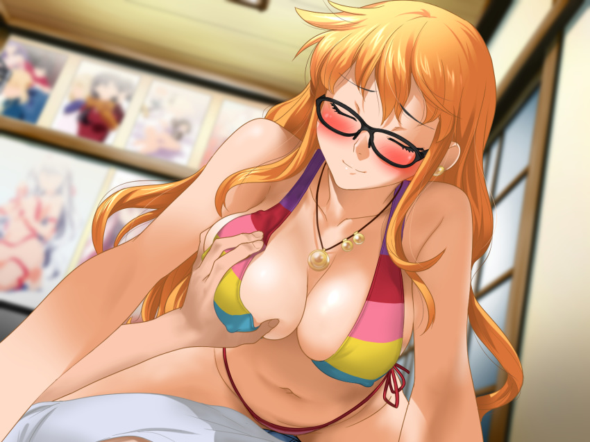 1girl bare_arms bare_legs bikini black-framed_eyewear blonde_hair blush breast_grab breasts cleavage closed_mouth clownculture cosplay embarrassed erect_nipples eyes_closed glasses grabbing highres indoors jewelry large_breasts legs long_hair lying nami_(one_piece) nami_(one_piece)_(cosplay) navel necklace one_piece original pov sitting sitting_on_person smile solo_focus string_bikini striped striped_bikini swimsuit thighs