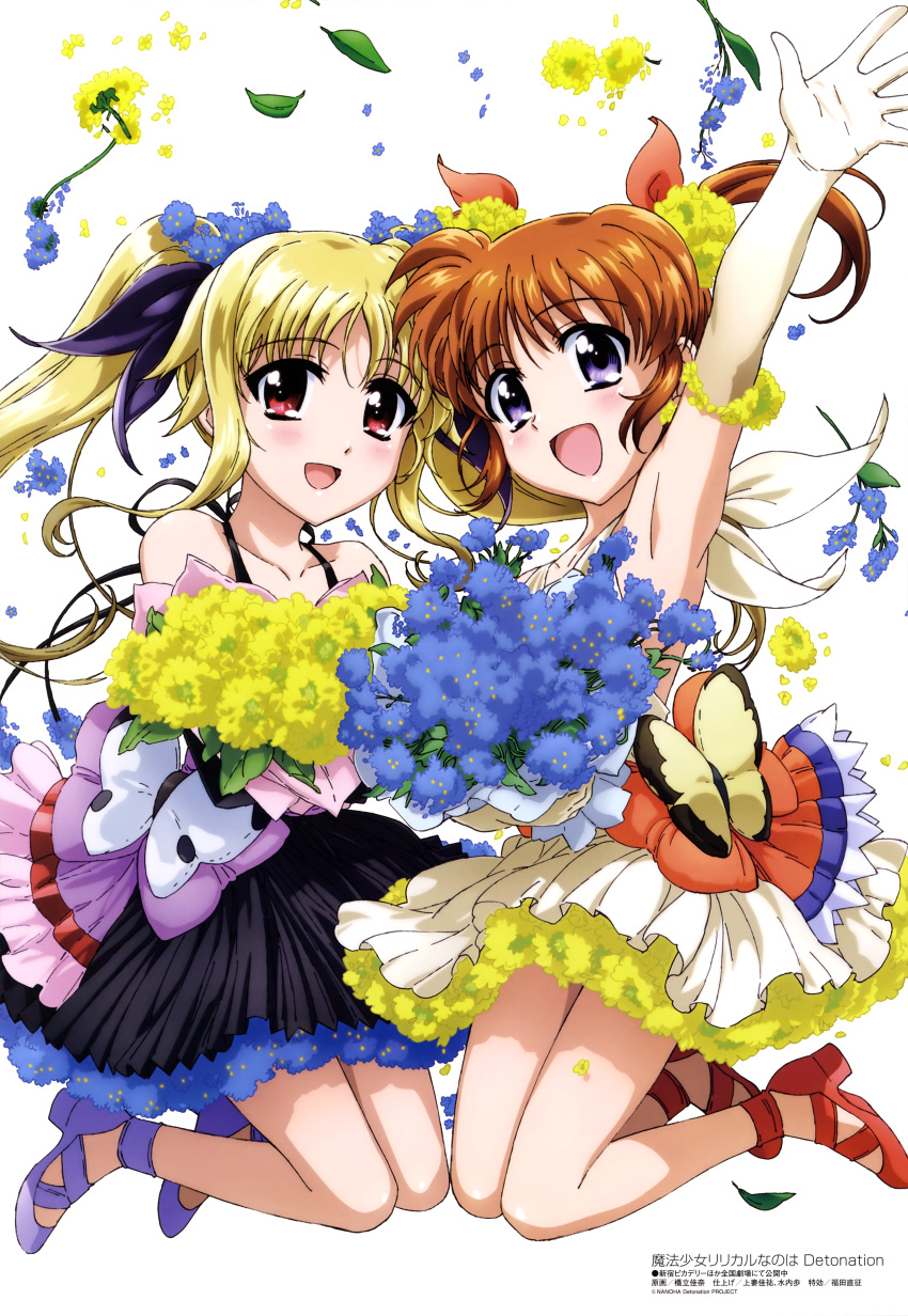 :d absurdres arm_up armpits bangs bare_shoulders black_dress blonde_hair blush bouquet bow brown_hair celebration collarbone confetti dress elbow_gloves eyebrows_visible_through_hair fate_testarossa flower flower_request gloves hair_flower hair_ornament hair_ribbon hashidate_kana highres jumping long_hair looking_at_viewer lyrical_nanoha magazine_scan mahou_shoujo_lyrical_nanoha mahou_shoujo_lyrical_nanoha_detonation megami multiple_girls official_art open_mouth purple_eyes red_eyes ribbon scan short_twintails sidelocks smile takamachi_nanoha twintails white_background yellow_dress