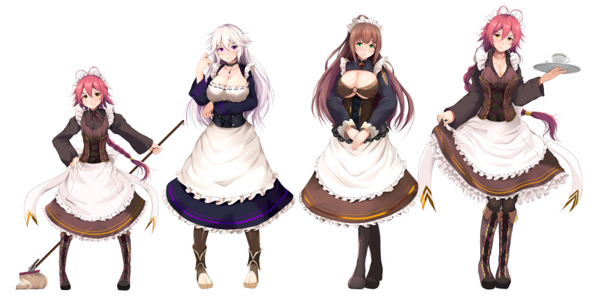 antenna_hair blush boots braid breasts brown_eyes brown_footwear brown_hair choker cleavage closed_mouth collarbone cross-laced_footwear cup eyebrows_visible_through_hair green_eyes highres holding holding_mop holding_tray kanzaki_kureha knee_boots lace-up_boots large_breasts long_sleeves looking_at_viewer maid maid_headdress mop multiple_girls original pantyhose pink_hair purple_eyes simple_background small_breasts smile striped striped_legwear tray vertical-striped_legwear vertical_stripes white_background white_hair