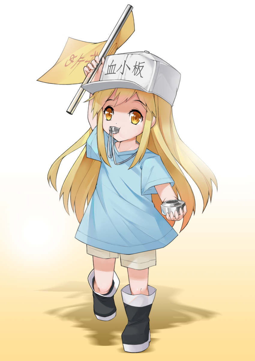 absurdres arm_up bangs black_footwear blue_shirt boots brown_eyes brown_shorts character_name chenran_tiantang clothes_writing commentary_request eyebrows_visible_through_hair flag flat_cap full_body hat hataraku_saibou highres holding holding_flag knee_boots light_brown_hair long_hair looking_at_viewer mouth_hold platelet_(hataraku_saibou) shadow shirt short_shorts short_sleeves shorts solo standing standing_on_one_leg very_long_hair whistle white_background white_hat