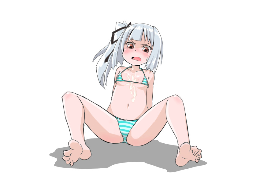 1girl aqua_bikini arm_support arms_behind_back bare_shoulders barefoot bikini black_ribbon blush breasts collarbone cum cum_on_body cum_on_breasts cum_on_upper_body embarrassed eyebrows_visible_through_hair feet female full_body hair_ribbon highres kantai_collection kasumi_(kantai_collection) looking_down mikomo nose_blush open_mouth orange_eyes ribbon shiny shiny_skin side_ponytail silver_hair simple_background sitting small_breasts solo spread_legs striped striped_bikini sweat swimsuit textless tied_hair white_background
