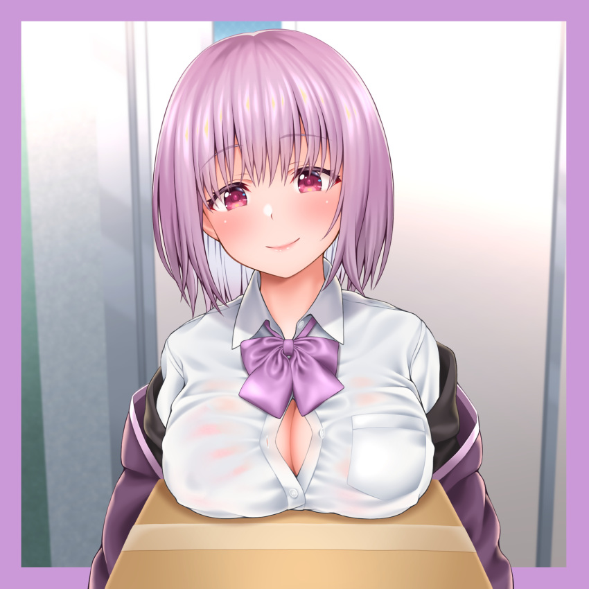 blush bow breast_pocket breast_rest breasts button_gap carried_breast_rest cleavage closed_mouth collared_shirt eyebrows_visible_through_hair highres inagita large_breasts looking_at_viewer partially_unbuttoned pink_hair pocket purple_bow purple_eyes shinjou_akane shirt short_hair smile solo ssss.gridman upper_body white_shirt