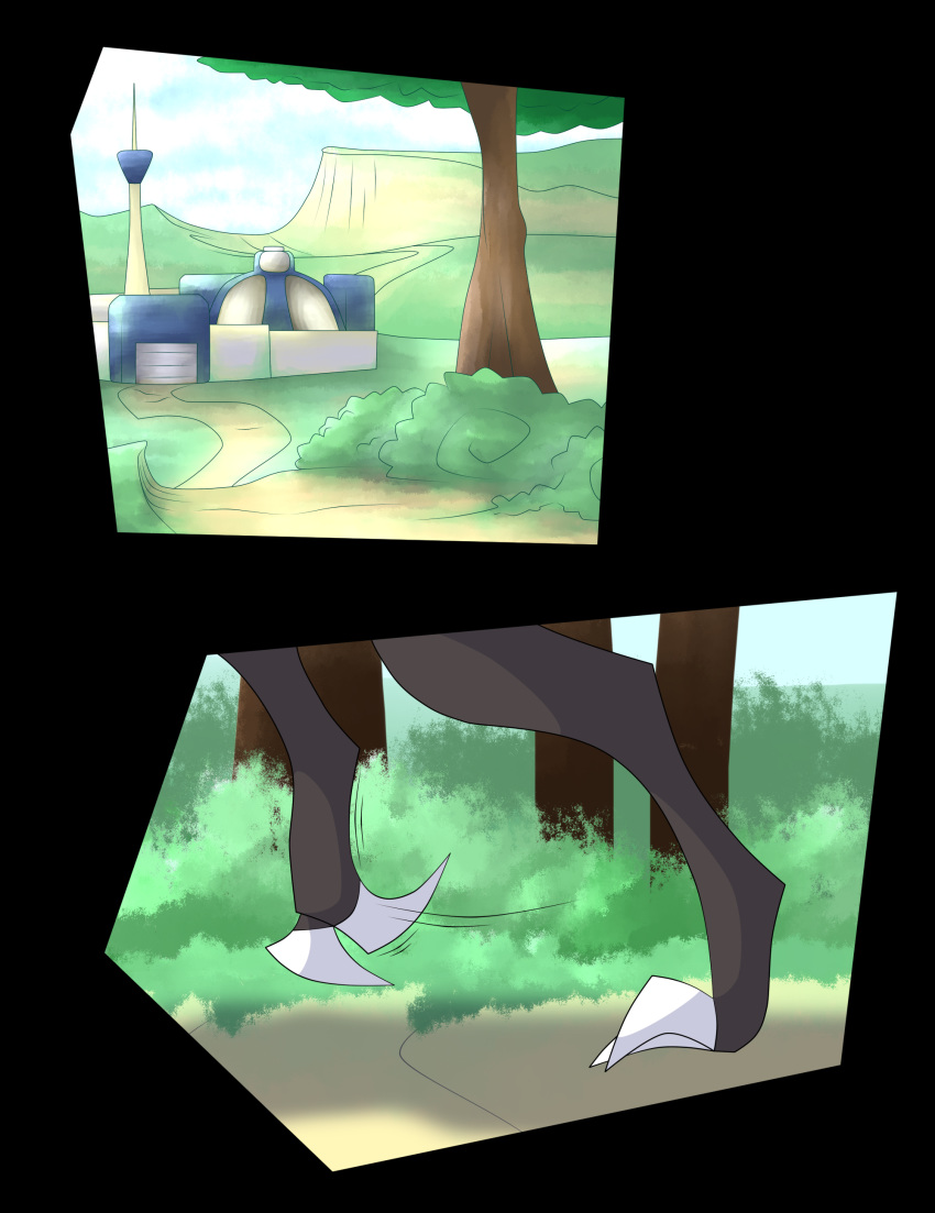 absurd_res ambiguous_gender ambiguous_species barefoot claws comic disembodied_leg grass hi_res outside r-mk solo tree