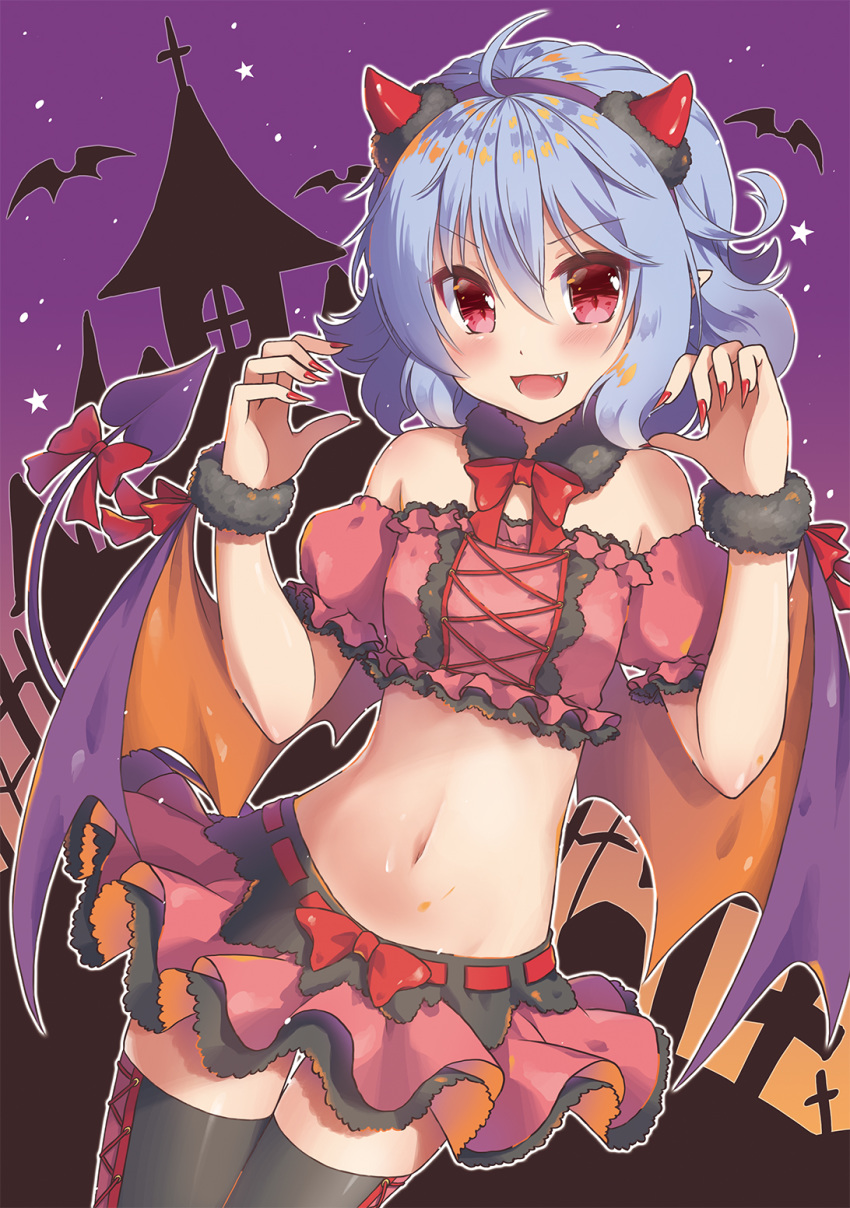 :d ahoge bare_shoulders bat_wings beni_kurage blue_hair bow bowtie building claw_pose commentary_request cowboy_shot cross-laced_clothes demon_tail detached_collar fake_horns fang frills fur_collar hairband hands_up highres looking_at_viewer midriff miniskirt nail_polish navel off-shoulder_shirt off_shoulder open_mouth outline petticoat pink_skirt pointy_ears puffy_short_sleeves puffy_sleeves purple_background purple_hairband red_bow red_eyes red_nails red_neckwear remilia_scarlet shirt short_hair short_sleeves skirt smile solo stomach tail thighhighs thighs touhou v-shaped_eyebrows white_outline wings wrist_cuffs zettai_ryouiki