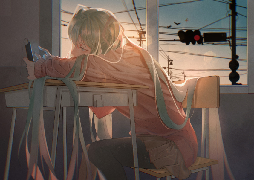 black_legwear blue_eyes brown_skirt classroom day desk dust_particles e-ma_(pixiv6933729) earphones from_side green_hair hair_between_eyes hair_flowing_over hatsune_miku highres holding holding_phone indoors lens_flare long_hair miniskirt phone pleated_skirt red_sweater school shiny shiny_hair sitting skirt solo sweater thighhighs twintails very_long_hair vocaloid