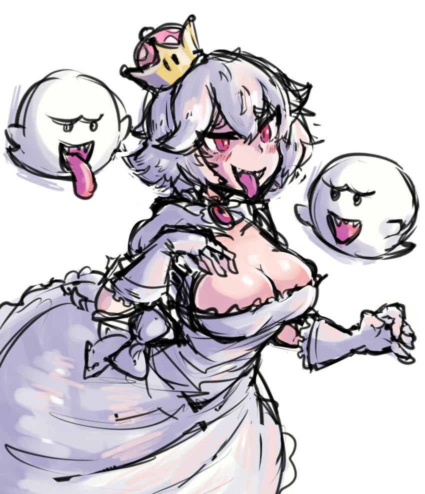 1girl boo breasts cleavage collarbone dress elbow_gloves eyebrows_visible_through_hair genkillua gloves large_breasts mario_(series) new_super_mario_bros._u_deluxe nintendo open_mouth princess_king_boo red_eyes short_hair silver_hair simple_background smile super_crown tongue tongue_out white_background white_dress white_gloves