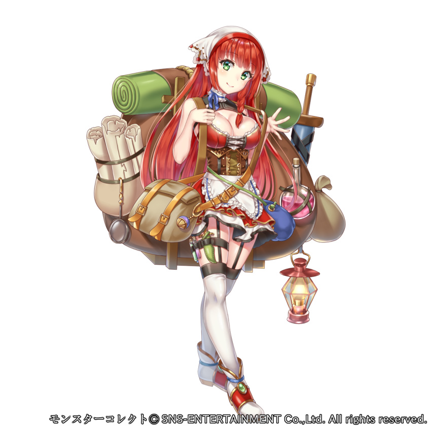 bag bedroll braid breasts brown_corset bursting character_request cleavage corset cross-laced_clothes crossed_legs fantasy frying_pan full_body garter_straps gold_trim green_eyes hakuda_tofu hand_up handbag head_tilt highres knife lantern large_breasts long_hair looking_at_viewer monster_collect official_art potion red_hair sack scroll sheath sheathed simple_background smile solo spread_fingers standing sword thighhighs underbust very_long_hair vial watermark watson_cross waving weapon white_background white_legwear