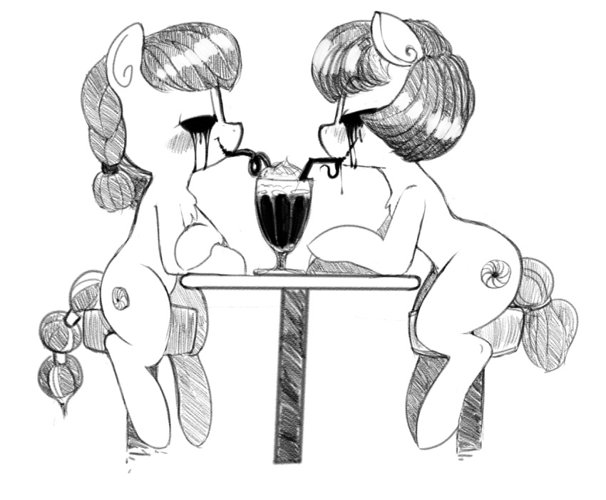 2018 black_eyes blush drinking duo equine fan_character female horse mammal mcsweezy milkshake monochrome my_little_pony pony sketch stool straw table zalgo zalgo_edit