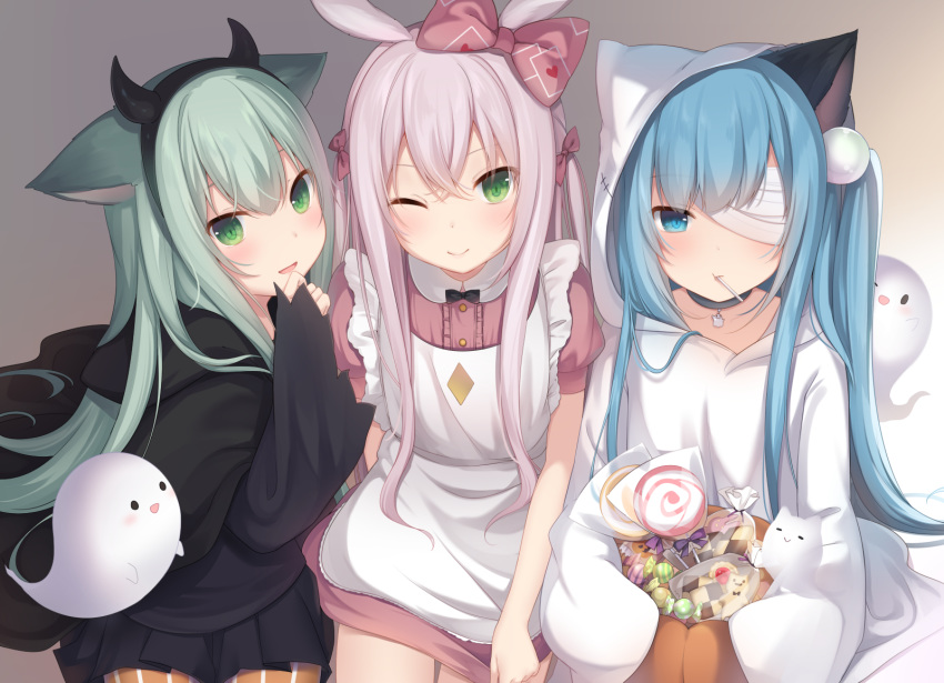 amashiro_natsuki animal_ears animal_hood bandage_over_one_eye bangs blush candy cat_ears checkerboard_cookie choker closed_mouth commentary_request cookie dress food food_in_mouth frown ghost girl_sandwich green_eyes green_hair hair_between_eyes hair_ornament highres hood horns lollipop long_hair looking_at_viewer multiple_girls one_eye_closed one_side_up open_mouth original puffy_sleeves sandwiched sidelocks silver_hair sitting sleeves_past_wrists smile striped striped_legwear