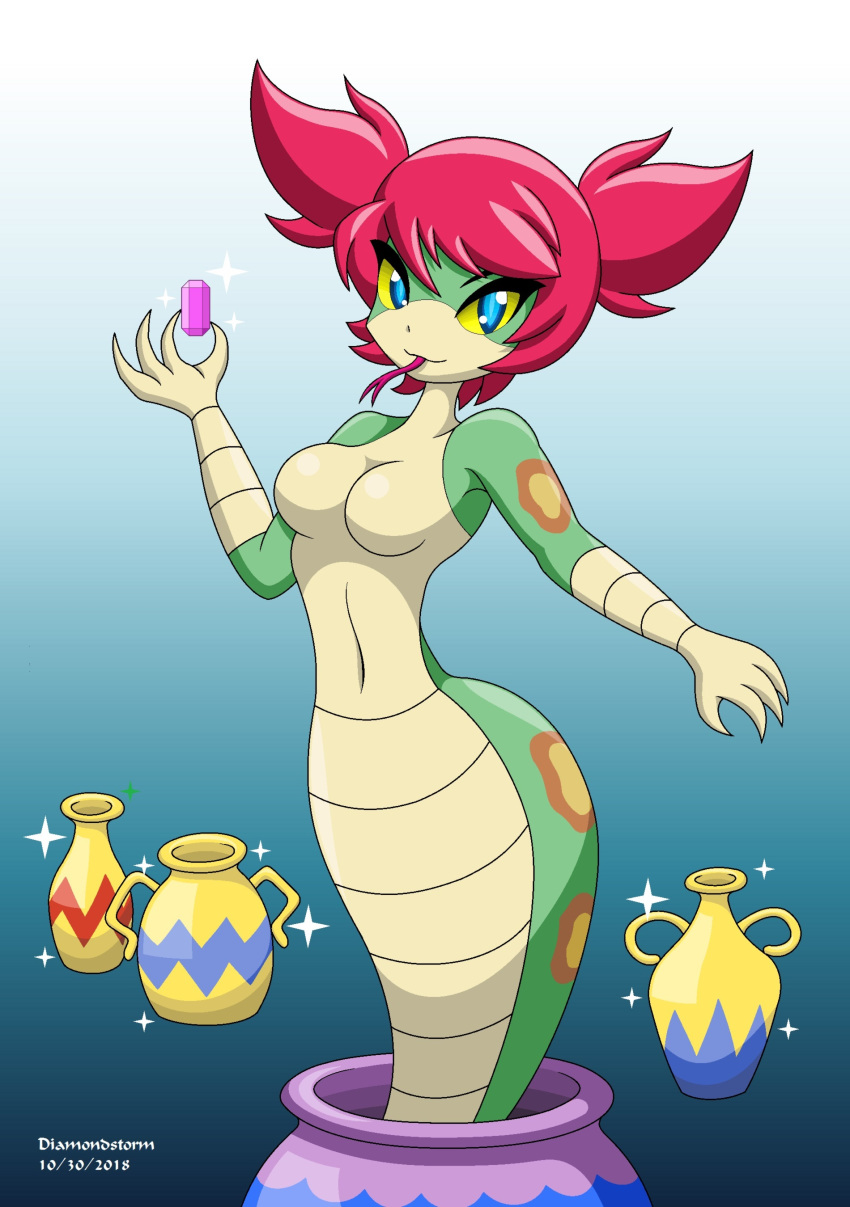 breasts diamondstorm featureless_breasts female hair looking_at_viewer naga non-mammal_breasts nude red_hair reptile scalie shantae:_half-genie_hero shantae_(series) simple_background snake solo tongue tuki vase wide_hips yellow_sclera