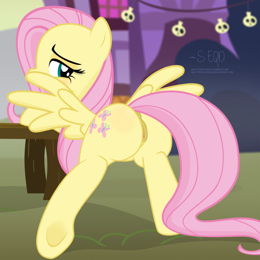 2018 absurd_res anus bedroom_eyes butt clitoris cutie_mark equine eyebrows eyelashes eyeshadow feathered_wings feathers female feral fluttershy_(mlp) friendship_is_magic hair half-closed_eyes hi_res hooves long_hair looking_at_viewer looking_back makeup mammal my_little_pony pegasus pussy rear_view seductive shutterflyeqd smile solo wings