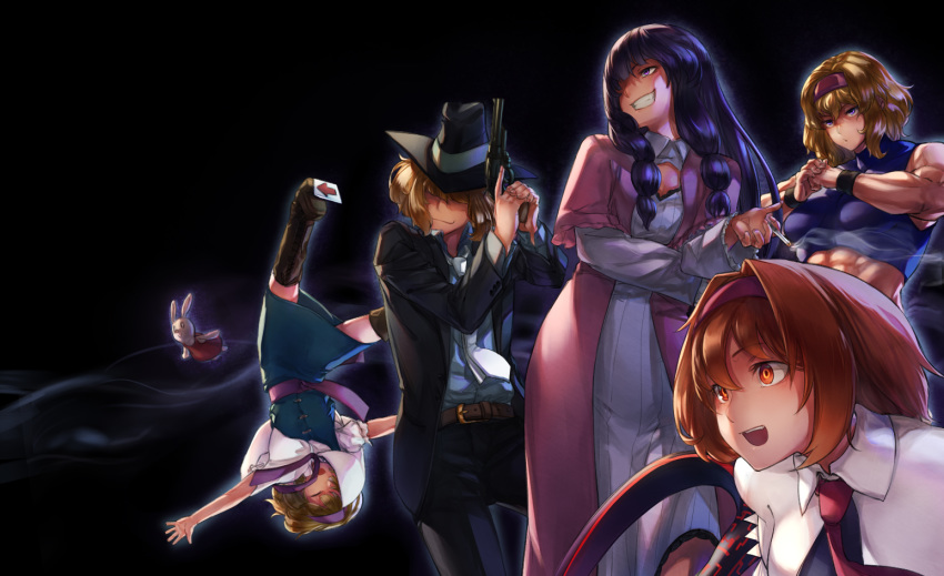 :o abs belt black_background black_hat black_pants black_suit blonde_hair blue_dress blue_shirt bois_de_justice brown_belt capelet character_request cigarette closed_eyes closed_mouth collared_shirt commentary_request cookie_(touhou) cracking_knuckles dies_irae directional_arrow dress dress_shirt formal grin gun hair_intakes hair_over_one_eye hair_over_shoulder hairband handgun hat hinase_(cookie) holding holding_cigarette holding_gun holding_weapon ichigo_(cookie) jigen_(cookie) looking_afar megafaiarou_(talonflame_810) multiple_girls muscle muscular_female necktie open_mouth orange_eyes orange_hair outline pants purple_eyes red_hairband red_neckwear revolver sakuranbou_(cookie) sash shirt sidelocks simple_background smile smoke standing stuffed_animal stuffed_bunny stuffed_toy suit taisa_(cookie) teeth touhou turtleneck upside-down weapon white_capelet white_neckwear wing_collar