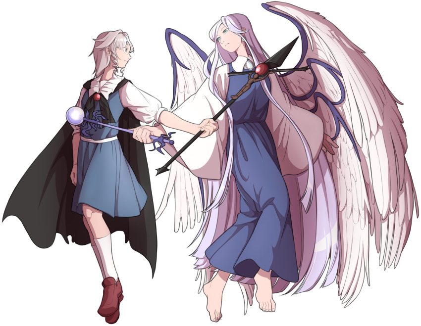 angel_wings apron barefoot black_cape blue_dress blue_eyes braid cape commentary dress highres long_hair long_sleeves looking_at_another mefomefo multiple_girls muse_(seihou) polearm puffy_short_sleeves puffy_sleeves sariel seihou shoes short_hair short_sleeves simple_background spear staff touhou touhou_(pc-98) weapon white_sleeves white_wings wings