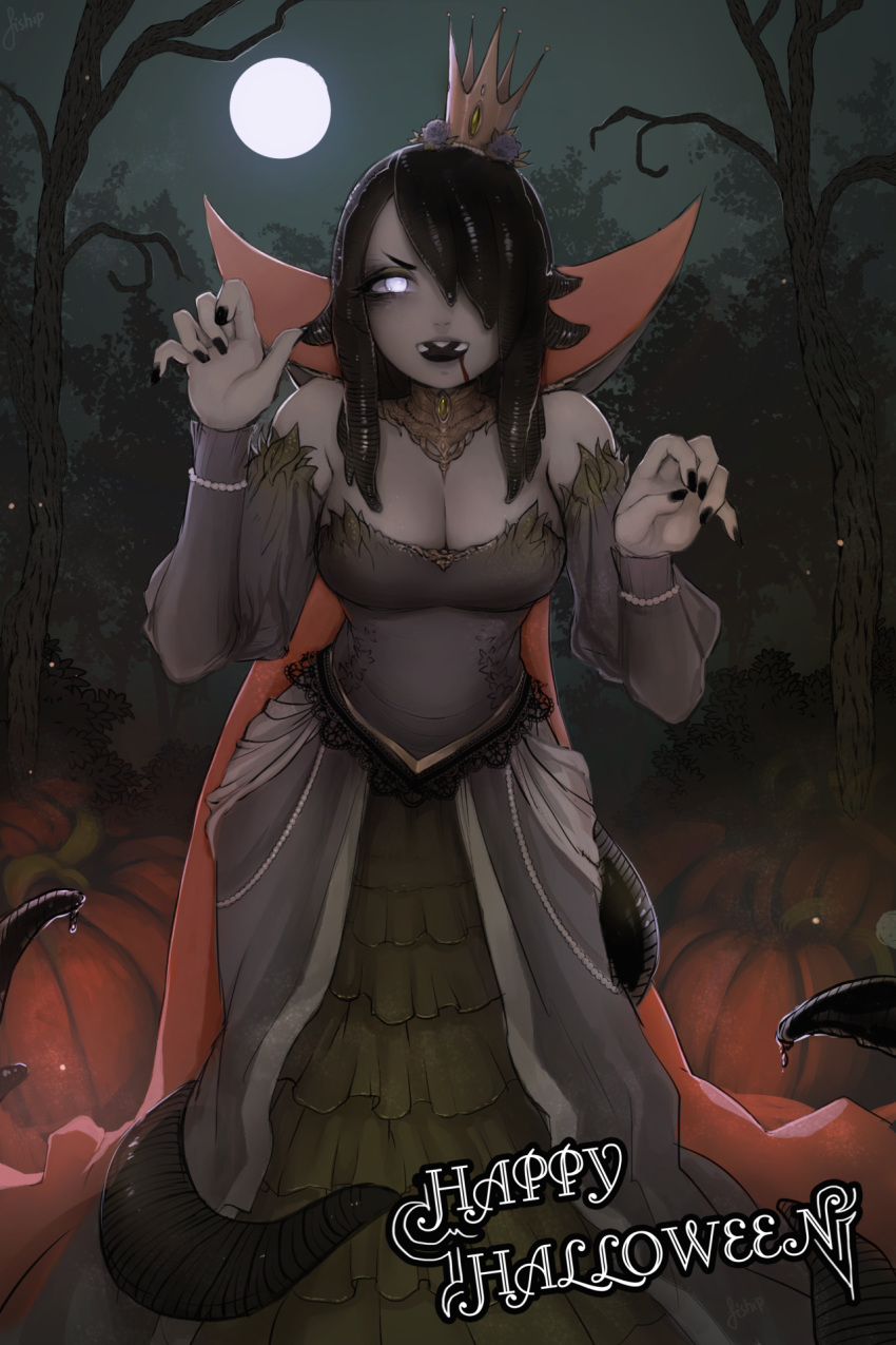 :d bare_shoulders bare_tree black_hair black_nails blood blood_on_face breasts claw_pose cleavage commentary crown detached_sleeves dress english_commentary forest full_moon grey_dress grey_skin hair_over_one_eye hands_up happy_halloween high_collar highres jewelry leech_queen_(matilda_vin) looking_at_viewer matilda_vin mini_crown monster_girl moon nail_polish nature night no_pupils open_mouth original outdoors sharp_teeth smile solo teeth tilted_headwear tree v-shaped_eyebrows white_eyes