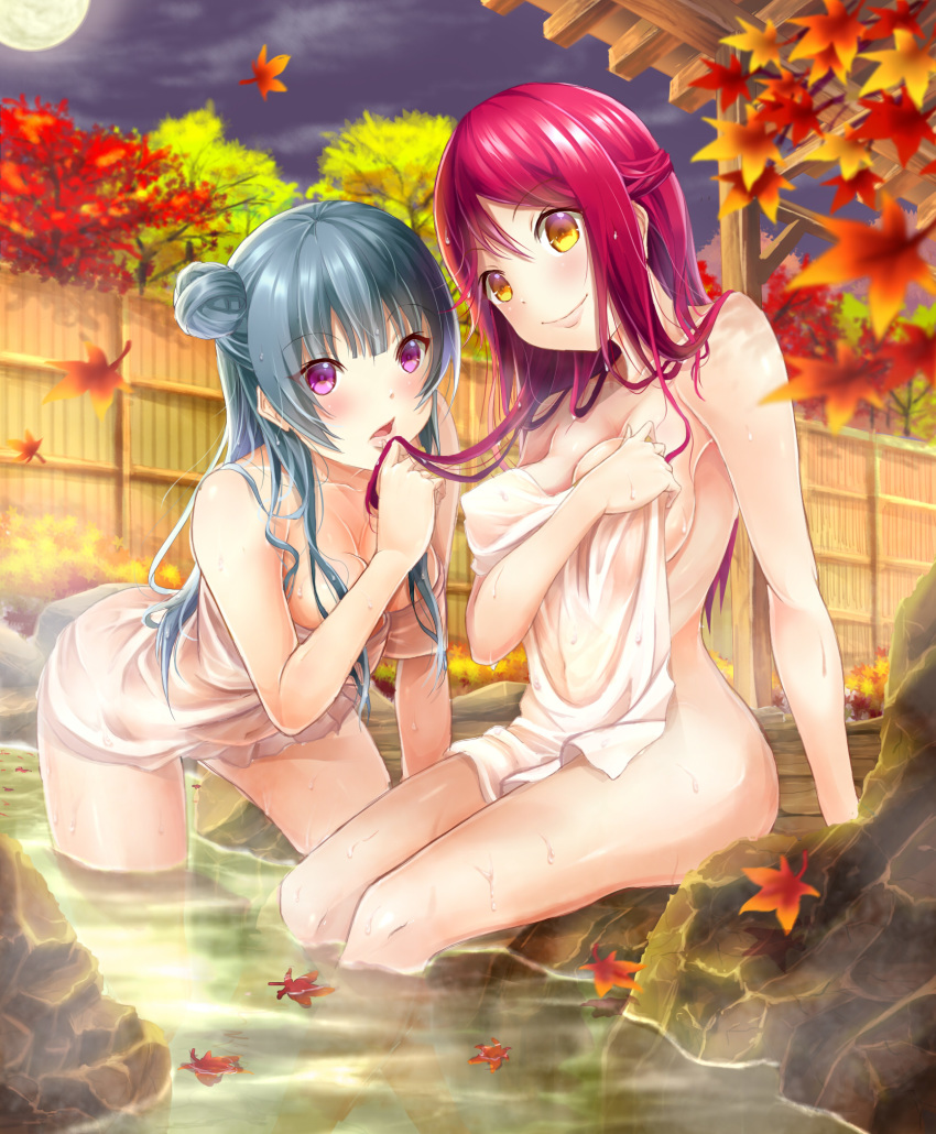 autumn_leaves bangs bare_shoulders blue_hair blush breasts cleavage cloud commentary_request covering eyebrows_visible_through_hair fence hair_bun hand_in_another's_hair highres leaf leaning_forward long_hair looking_at_viewer love_live! love_live!_sunshine!! maple_leaf moon moridam multiple_girls naked_towel night night_sky nude_cover onsen open_mouth purple_eyes red_hair rock sakurauchi_riko side_bun sitting sky smile standing towel tree tsushima_yoshiko water wet wooden_fence yellow_eyes yuri