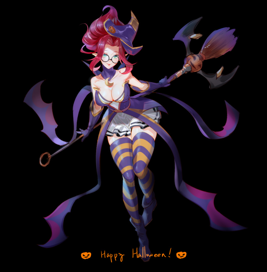 bare_shoulders bewitching_janna black_background boots breasts broom cleavage commentary cowboy_shot dress full_body gloves green_eyes happy_halloween hat highres hikarusorano janna_windforce league_of_legends leaning_forward lips looking_at_viewer medium_breasts ponytail red_hair round_eyewear simple_background skirt smile solo staff strapless strapless_dress striped striped_legwear thick_thighs thighhighs thighs tied_hair white_skirt witch_hat