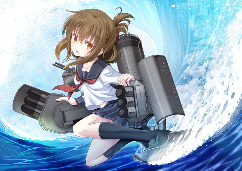 anchor_symbol blue_skirt brown_eyes brown_hair cannon check_commentary commentary commentary_request day eyebrows_visible_through_hair folded_ponytail full_body inazuma_(kantai_collection) kantai_collection kneehighs long_hair looking_at_viewer miniskirt neckerchief ocean open_mouth outdoors pleated_skirt red_neckwear sailor_collar school_uniform serafuku shirt sidelocks skirt solo torpedo_launcher turret water waves white_shirt yatsu_seisakusho