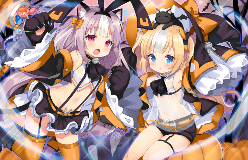 :d :o adapted_costume animal animal_ear_fluff animal_ears animal_on_head arm_up azur_lane bare_shoulders bare_tree bell bell_collar belt belt_buckle black_cat black_collar black_footwear black_hairband black_hat black_jacket black_ribbon black_shorts black_skirt blonde_hair blue_eyes blush boots bow brown_hair buckle candy candy_wrapper cat cat_ears cat_girl cat_on_head cat_tail collar collared_shirt commentary_request food garter_straps ghost gloves hair_bow hair_ornament hair_ribbon hairband halloween_basket hat hat_bow hobby_(azur_lane) jacket jingle_bell kalk_(azur_lane) kemonomimi_mode kurot latin_cross lollipop long_hair long_sleeves looking_at_viewer midriff multicolored_hair multiple_girls navel on_head open_clothes open_jacket open_mouth orange_belt orange_bow orange_legwear parted_lips paw_gloves paws pleated_skirt pumpkin red_eyes ribbon see-through shirt short_shorts shorts sitting skirt sleeveless sleeveless_shirt sleeves_past_fingers sleeves_past_wrists smile standing standing_on_one_leg streaked_hair tail thighhighs tombstone tree twintails twitter_username two_side_up very_long_hair white_hair white_shirt wide_sleeves witch_hat