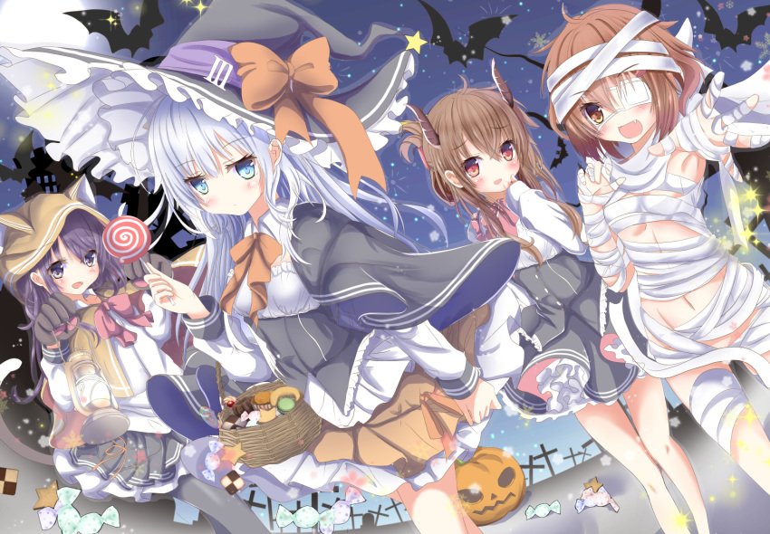 :d akatsuki_(kantai_collection) alternate_costume animal animal_ears aruka_(alka_p1) bat black_legwear black_skirt blue_eyes breasts brown_eyes brown_hair candy cat_ears cat_tail commentary_request demon_horns eyepatch fang folded_ponytail food hair_between_eyes halloween halloween_costume hat hibiki_(kantai_collection) holding holding_food horns ikazuchi_(kantai_collection) inazuma_(kantai_collection) kantai_collection lantern lollipop long_hair long_sleeves multiple_girls mummy_costume open_mouth pantyhose paws pleated_skirt purple_hair short_hair silver_hair skirt small_breasts smile snack tail verniy_(kantai_collection) witch_costume witch_hat